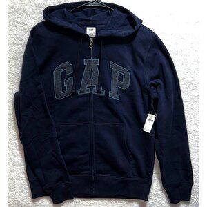 New Gap Mens Medium Navy Full-Zip Hoodie w Logo Cotton Blend Pockets